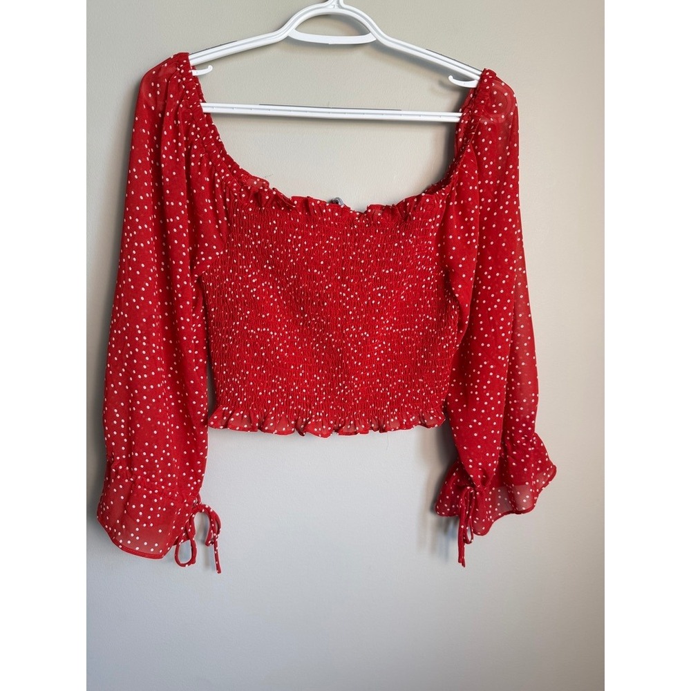 Charlotte Russe Polka Dot Smocked Crop Top M Red Long Sleeve Boho Cottagecore